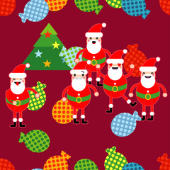 Seamless Christmas pattern with fun Santa Claus. A variety of emotions. Vector illustration on red background. Can be used for wallpaper, textile, invitation card, wrapping, web page background.