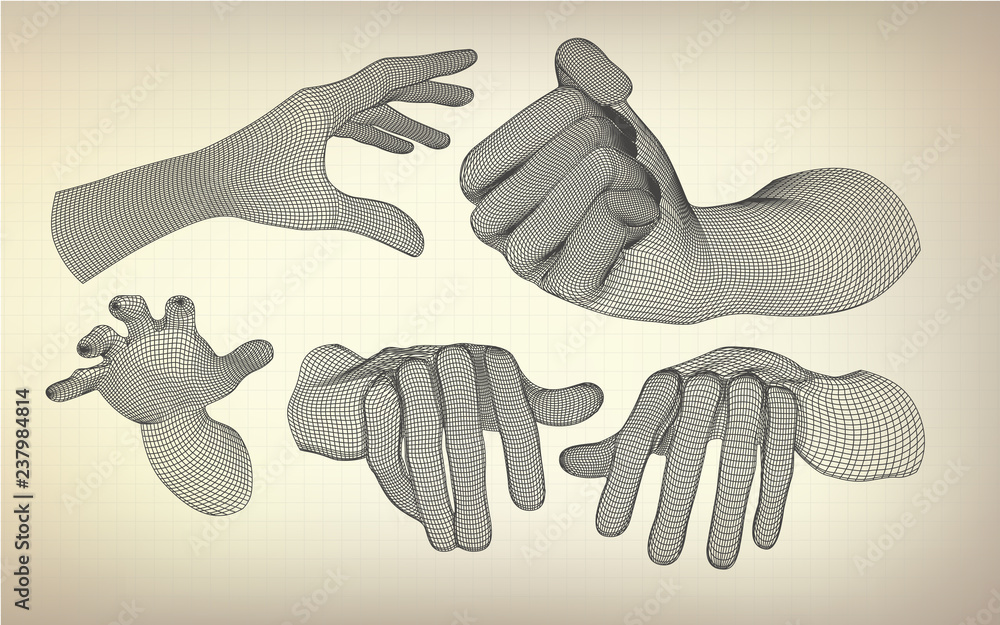Poster wireframe hands in different gestures, hands reaching for virtual reality concepts