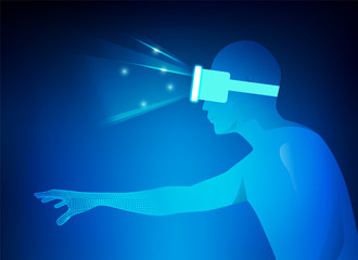 concept of virtual reality technology, a man with head-set gadget reaching hand