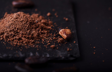 Cocoa beans and cacao powder on dark background