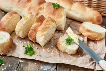 Sliced french baguette. Traditional fresh bread for breakfast 