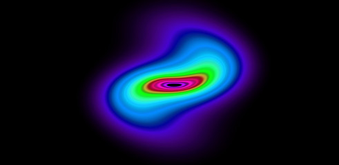 Multicolor distorted neon glowing circles on black background. Isolated object. Shiny fractal. Abstract illustration with shiny lights. Background with lens flares