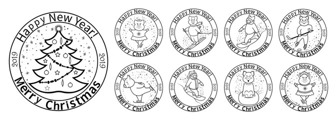 The symbol of the New Year 2019 is a pig engaged in winter sports. Post stamps. Skater, snowboarder, skier, cheesecake, skater, hockey player. Set of icons. On a white background. Isolated Vector