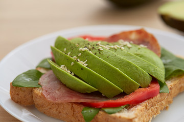 Sandwich with avocado slices and bacon