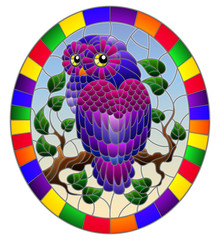 Illustration in stained glass style with fabulous purple owl sitting on a tree branch against the sky,oval picture frame in bright