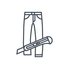 thin line icon cutting jeans, trousers using cutter, knife