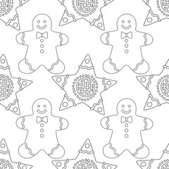 Gingerbread. Black and white illustration for coloring book or page. Christmas, holiday background.