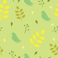 Seamless pattern with birds and leaves, vector