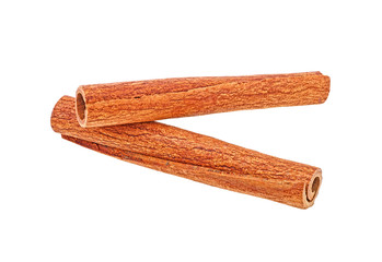 Two cinnamon sticks on white background