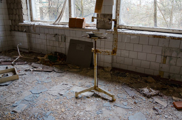 Hospital No. 126, dead abandoned ghost town of Pripyat in alienation zone of Chernobyl NPP, Ukraine