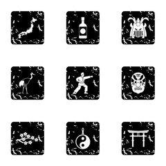 Attractions of Japan icons set. Grunge illustration of 9 attractions of Japan vector icons for web