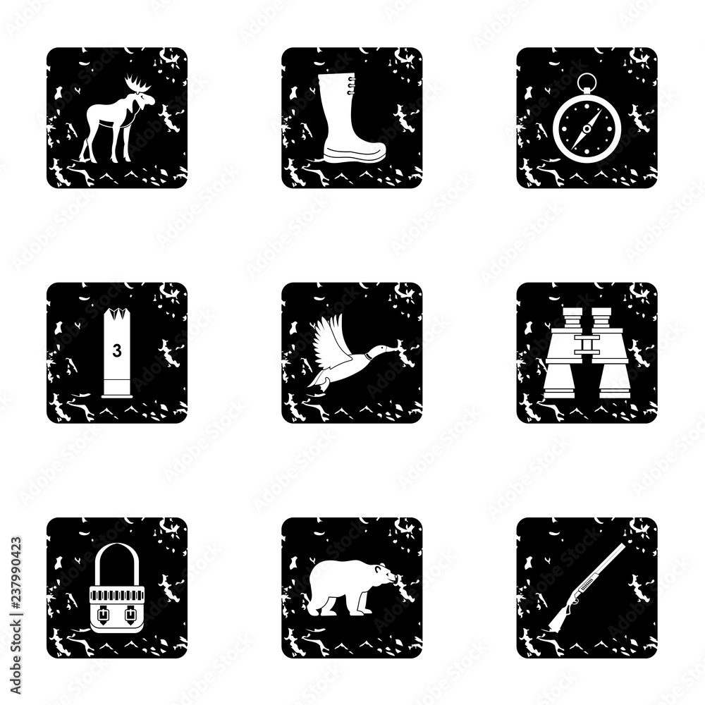 Poster hunting in forest icons set. grunge illustration of 9 hunting in forest vector icons for web