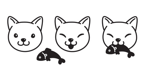 cat vector icon kitten calico eating fish salmon tuna logo cartoon character illustration doodle