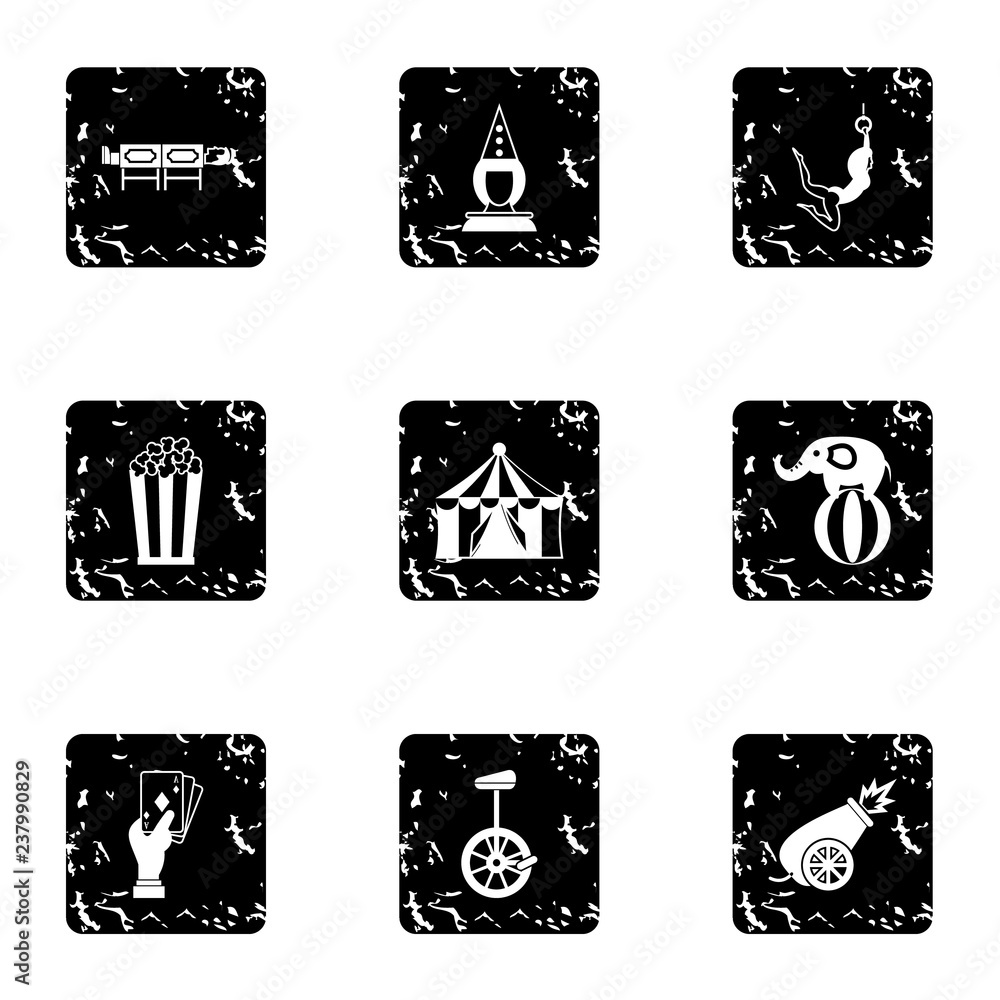 Poster circus performance icons set. grunge illustration of 9 circus performance vector icons for web