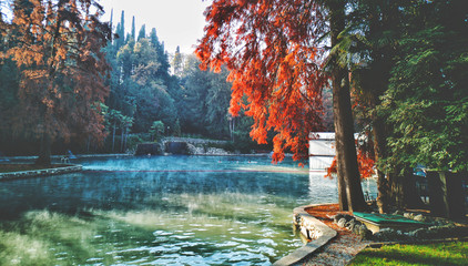 hot spring autumn pond Garda lake thermal park - obrazy, fototapety, plakaty