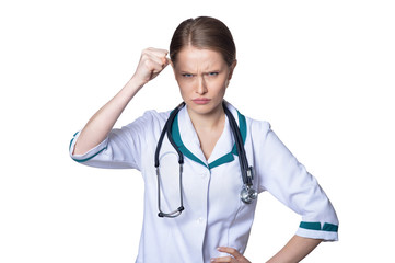 Portrait of female doctor posing on white 