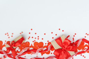 Background wit red ribbon and bright hearts for Valentine day decoration