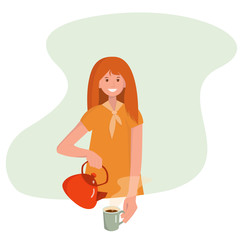 Girl or woman pours a cup of tea or coffee, vector illustration in modern flat style.
