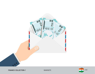 50 Indian Rupee Banknotes in envelope hold in hand. Flat style opened white envelope with cash. Salary payout or corruption concept.