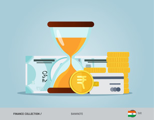 Hourglass with 50 Indian Rupee Banknote, coins and credit card. Flat style vector illustration. Time and Business concept.
