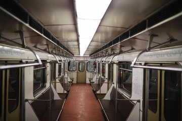 Subway car with empty seats. Empty subway.
