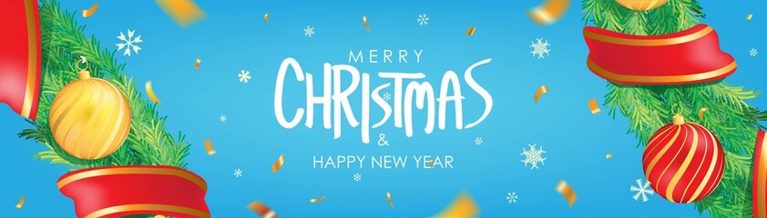 Christmas banner. Blue Christmas background with christmas balls,  snowflakes and gold confetti. Horizontal christmas poster, greeting cards, headers, website