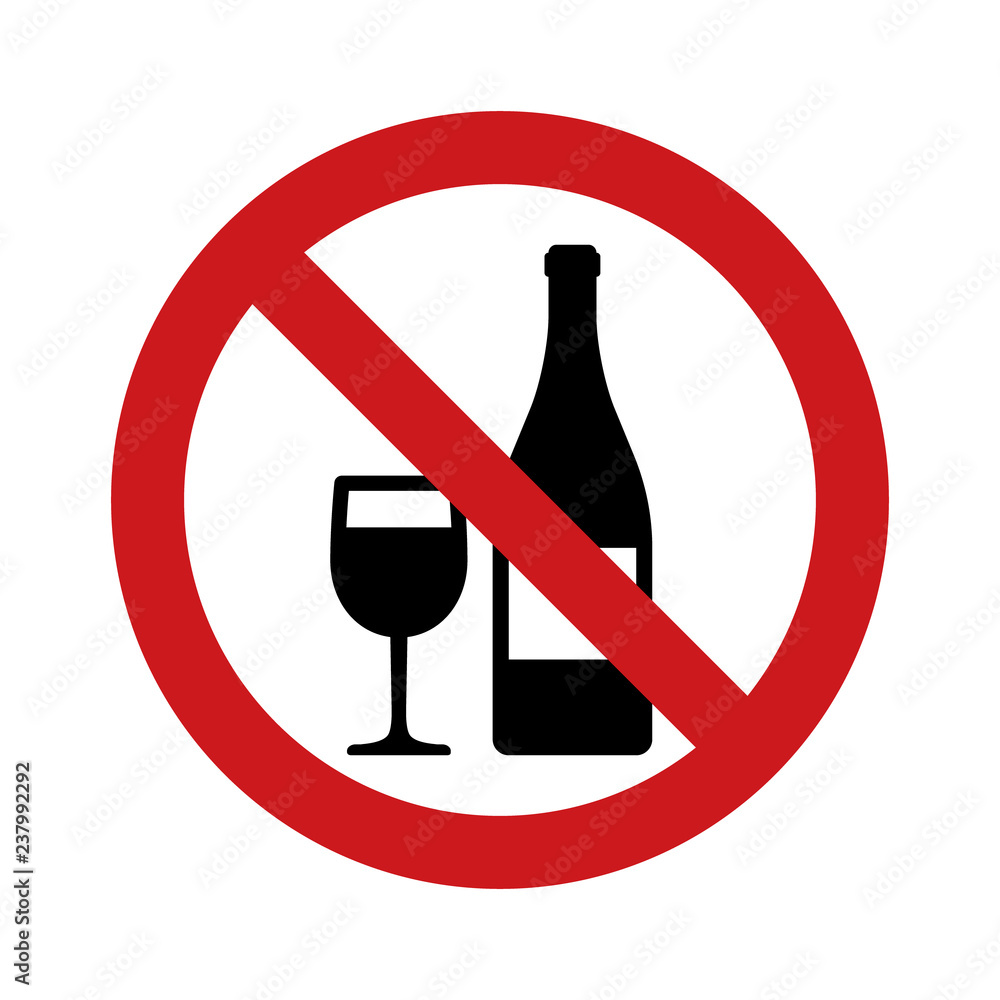 Wall mural no drinking alcohol or wine with red banned sign and wineglass and bottle flat vector icon