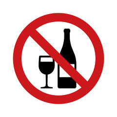 No drinking alcohol or wine with red banned sign and wineglass and bottle flat vector icon