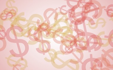 Multicolored translucent dollar signs on white background. Orange tones. 3D illustration