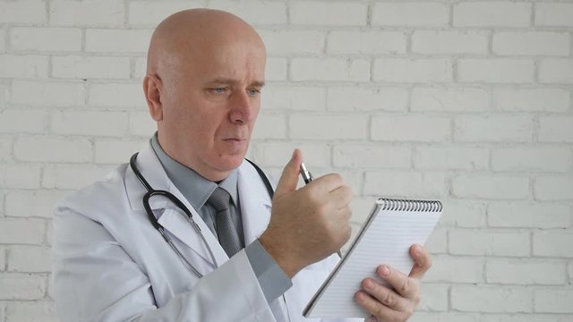 Slow Motion with a Confident Doctor Writing a Medical Recipe in Hospital Cabinet