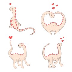 Set of cute dinosaurs, vector doodles, isolated character on the white background, emotional dino is falling in love, sweetheart funny girl, children`s illustration, Valentine's Day