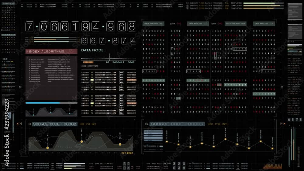 Fototapete Futuristic source code digital data telemetry motion graphic display screen with user interface display for digital background computer desktop display screen with alpha channel