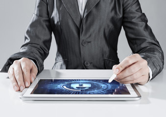 Internet security concept with woman working on media screen wit