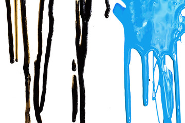 Close-up of the black and blue flowing paint isolated on white background
