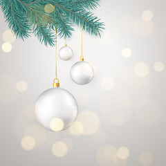 Naklejka na ściany i meble White Christmas balls hanging on New Year tree branch. Winter holiday decoration element. Vector illustration isolated on white background
