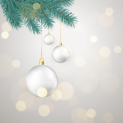 White Christmas balls hanging on New Year tree branch. Winter holiday decoration element. Vector illustration isolated on white background
