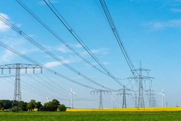 Power lines and wind turbines seen in Germany