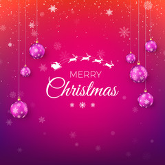 Merry Christmas greeting card in red and purple colors. White silhouette of flying Santa Claus with reindeer sleigh decorated by Christmas balls and greeting text. Vector illustration