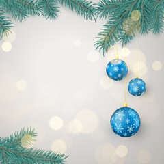 Fir twigs and blue Christmas balls with snowflakes ornament with space for greeting text. Christmas decoration elements. Xmas baubles. Vector illustration