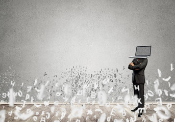 Businessman with laptop instead of head.