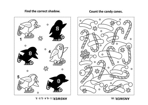 Two visual puzzles and coloring page for kids. Find the shadow for each picture of skating penguins . Count the candy cames. Black and white. Answers included.
