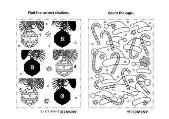 Two visual puzzles and coloring page for kids. Find the shadow for each picture of beautiful ornaments. Count the caps. Black and white. Answers included.
