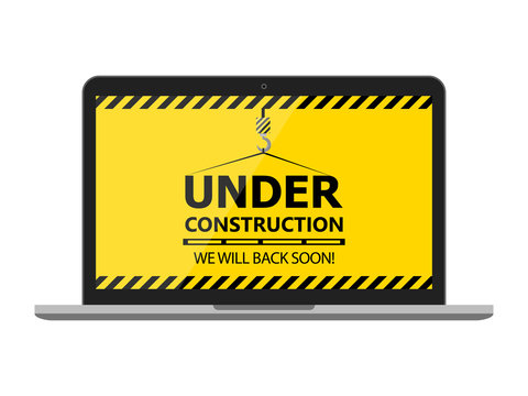 Under construction website page with black and yellow striped borders vector illustration. Border stripe web, warning banner