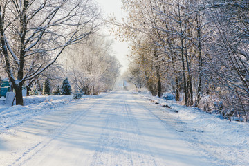 Obraz premium Sunlit snow covered winter road