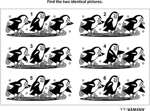 IQ training visual puzzle and coloring page with skating penguins: Find the two identical images. Answer included.
