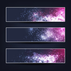 Set of Horizontal Banner or Header Background Designs - Colors: Purple, Blue, White - Web Ad Templates for Christmas, New Year or Other Seasonal Events or Holidays