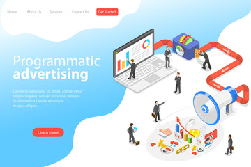 Flat isometric vector landing page template of programmatic advertising, social media campaign.