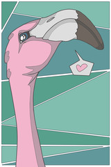Cartoon style pink flamingo with heart on green background graphic illustration