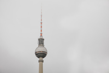 The television tower in Berlin on the square named Alexanderplatz.
