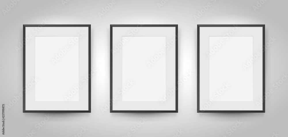 Poster three realistic empty rectangular black frames with passepartout on gray background, border for your